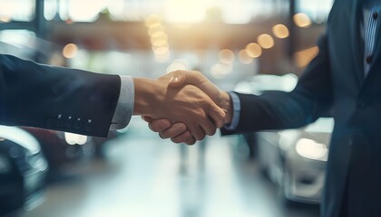 Close-up of two businessmen's hands closing a deal at a car dealership