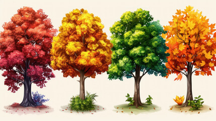 a set of four trees with different colors of leaves on each of the trees, each of which has a different amount of leaves on each of the same tree.