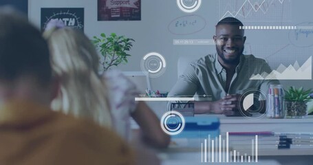 Animation of data processing and diagrams over diverse male teacher and schoolchildren learning - Powered by Adobe