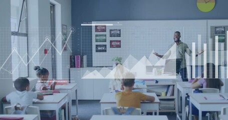 Animation of data processing and diagrams over diverse male teacher and schoolchildren learning - Powered by Adobe