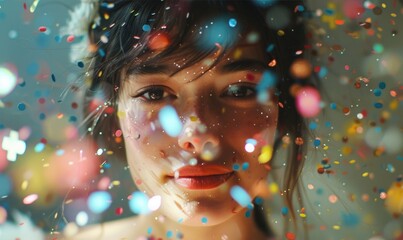 A beautiful young woman enveloped in confetti at a party