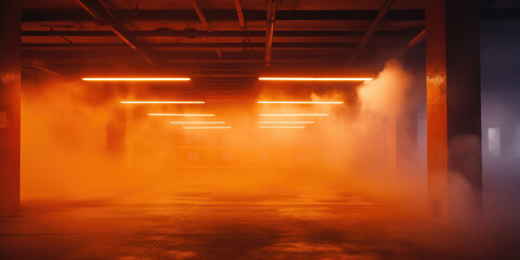 An atmospheric underground parking lot filled with a mysterious orange fog and illuminated by neon lights.