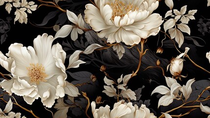 Luxurious floral 3d wallpaper with a pattern of flowers in rich colors on a black background. Dramatic floral abstraction, ornament, pattern, art illustration. Luxurious black floral print.