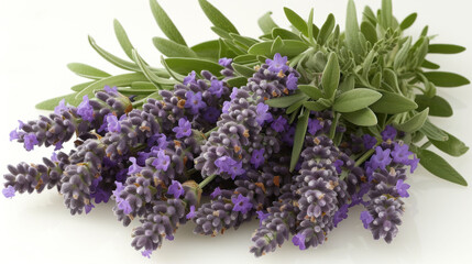 a bunch of lavender flowers sitting on top of a white table next to a green leafy plant on top of a white surface.