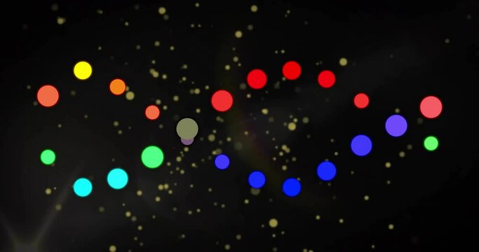 Animation of colourful dna strand and light spots on black background
