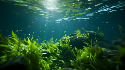 Fototapeta na wymiar Underwater view of a set of sea bottoms with green seaweed