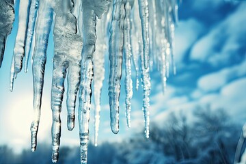 Dripping Icicles on Blue Background, Many Melting Icicles, Clean Water Falling Down from Icicles