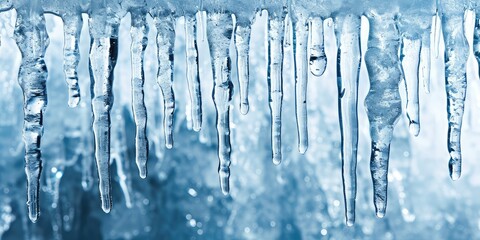 Dripping Icicles on Blue Background, Many Melting Icicles, Clean Water Falling Down from Icicles