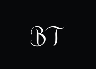 BT Brush Letter Logo Design with Black Circle and Handwritten Letters.