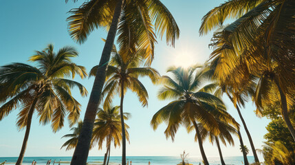 a view of a beach with palm trees and the sun peeking through the leaves of the palm trees in the foreground.