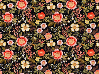 Embroidery Flower Seamless Pattern, Floral Tile with Small Beads, Embroidered Beadwork Vintage Print
