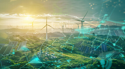 concept idea eco power energy. wind turbine with sunset