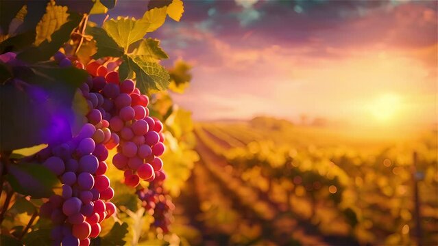Vineyard at sunset with grapevines and warm light
