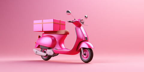 Fototapeta na wymiar A charming pink scooter with a matching pink delivery box, presented against a pastel pink background.