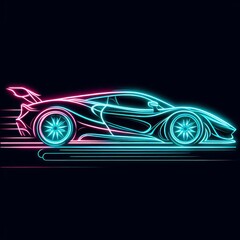 A side view of a neon-glowing sports car silhouette, presented in an abstract and modern style....
