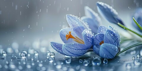 blue crocus spring flowers in water drops