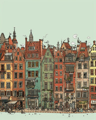 Obraz premium Poland Gdansk old city. Cartoon architecture of a European city. Cute houses on the street. Hand-drawn houses. Euro-trip