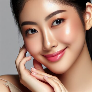 A premium cropped image showcasing a skincare and cosmetics theme, complete with space for text insertion. Features a portrait of a woman with a radiant complexion gently touching her face.