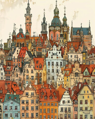 Poland Gdansk old city. Vector illustration, beautiful European city.