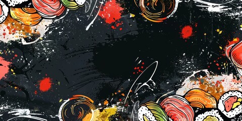 Illustration of  row of sushi, shrimps, salmon topping,   against black grunge  background.