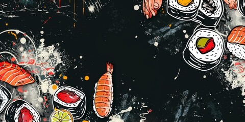 Illustration of  row of sushi, shrimps, salmon topping,   against black grunge  background.