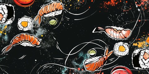 Illustration of  row of sushi, shrimps, salmon topping,   against black grunge  background.