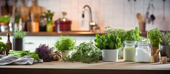 A wooden kitchen table is covered with an assortment of fresh green vegetables, creating a vibrant and healthy display in a modern kitchen interior.