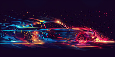 Simple line Illustration neon Car On Fire Flying In The Universe black color grunge texture.