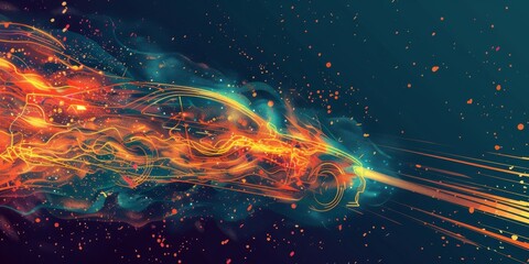 Simple line Illustration Car On Fire Flying In The Universe black color grunge texture.