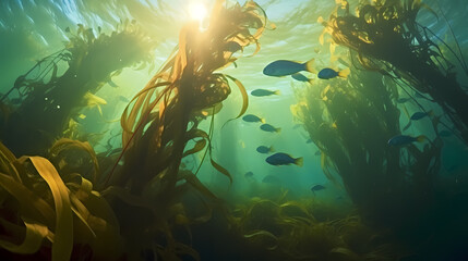 Fototapeta na wymiar Seaweed and natural sunlight underwater seascape in the ocean