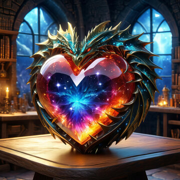 Fantasy Heart Shaped Crystal Ball in Dragon Design Houding on Table in Magical Shop