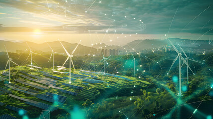 concept idea eco power energy. wind turbine with sunset