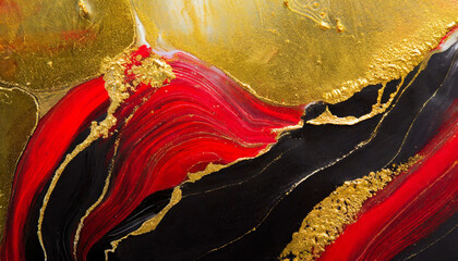 Abstract acrylic painting, Close up red, black and gold background. Oil paint texture with brush strokes