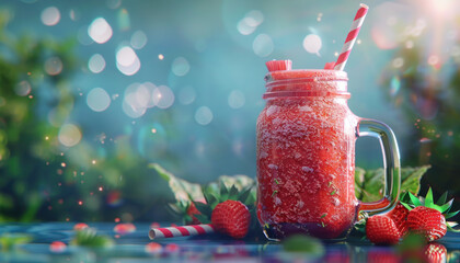 Strawberry rhubarb smoothie, strawberry smoothie, berry smoothie, healthy smoothie, smoothie in a mason jar - obrazy, fototapety, plakaty