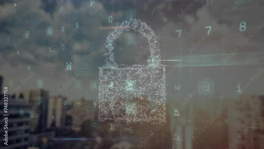 Poster animation of data processing and security texts over padlock and cityscape