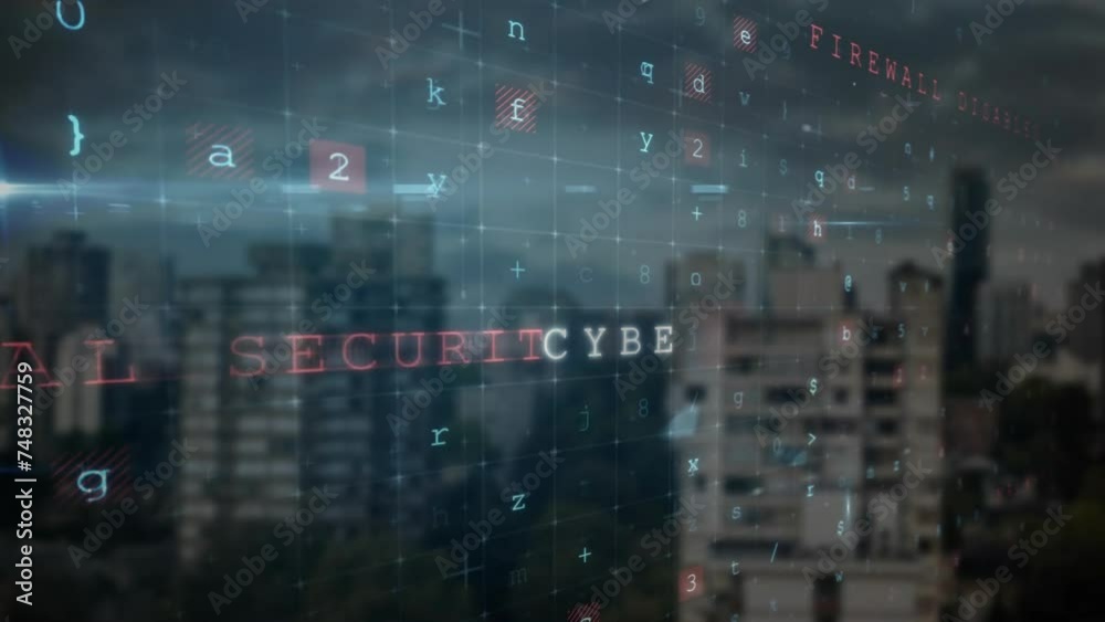 Poster animation of data processing and security texts over cityscape