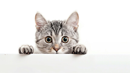 An adorable gray tabby cat peeking over the edge with wide, curious eyes on a white background.