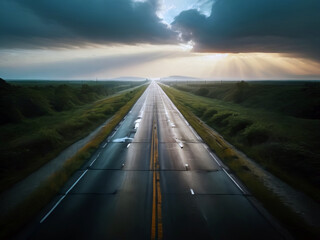 Long Straight Paved Road Through Grasslands to Distant Mountains Cloudy Sky Light Rays
