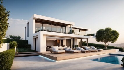 Fototapeta premium Modern villa with a rooftop terrace, providing panoramic views and an ideal space for outdoor entertainment