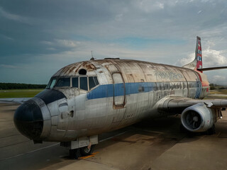 Fototapeta na wymiar Abandoned Jet Airplane Sitting on Runway, Dirty with Graffiti Outside under Cloudy Sky