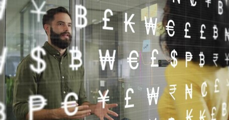 Animation of currency symbols over diverse colleagues discussing work in office - Powered by Adobe