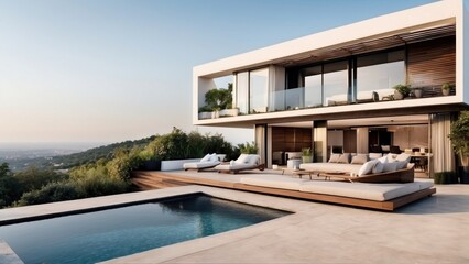 Fototapeta premium Modern villa with a rooftop terrace, providing panoramic views and an ideal space for outdoor entertainment