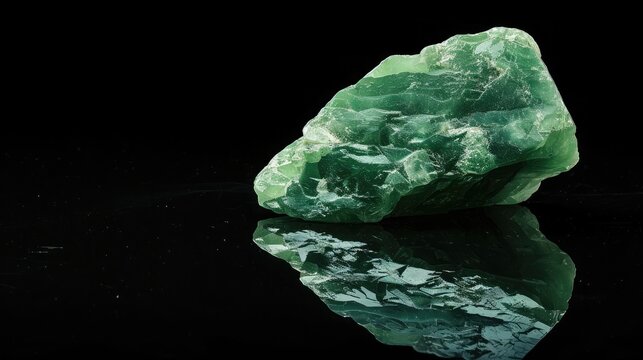 Jadeite mineral stone close up with reflection on black surface background