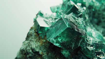 Macro emerald stone mineral in rock on white background close up
