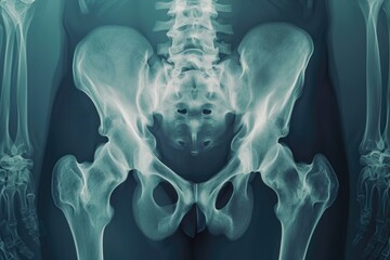 A detailed x-ray image of a human skeleton highlighting the intricate structure and anatomy, X-ray film of a human tailbone in 3D, AI Generated - obrazy, fototapety, plakaty