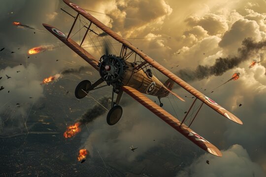 A plane can be seen flying through a cloudy sky next to a bunch of fire, World War I biplane in a dogfight with a triplane, AI Generated