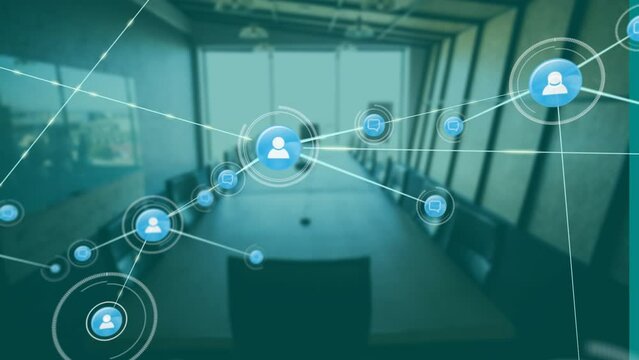 Animation of network of connections with icons over empty office