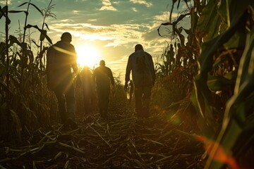 A group of individuals walking through a vast corn field, with stalks towering overhead and a clear blue sky in the background, Zombies emerging from a corn maze under the setting sun, AI Generated