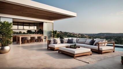 Obraz premium Modern villa with a rooftop terrace, providing panoramic views and an ideal space for outdoor entertainment