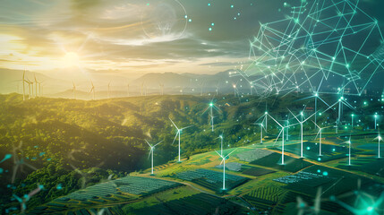 concept idea eco power energy. wind turbine with sunset